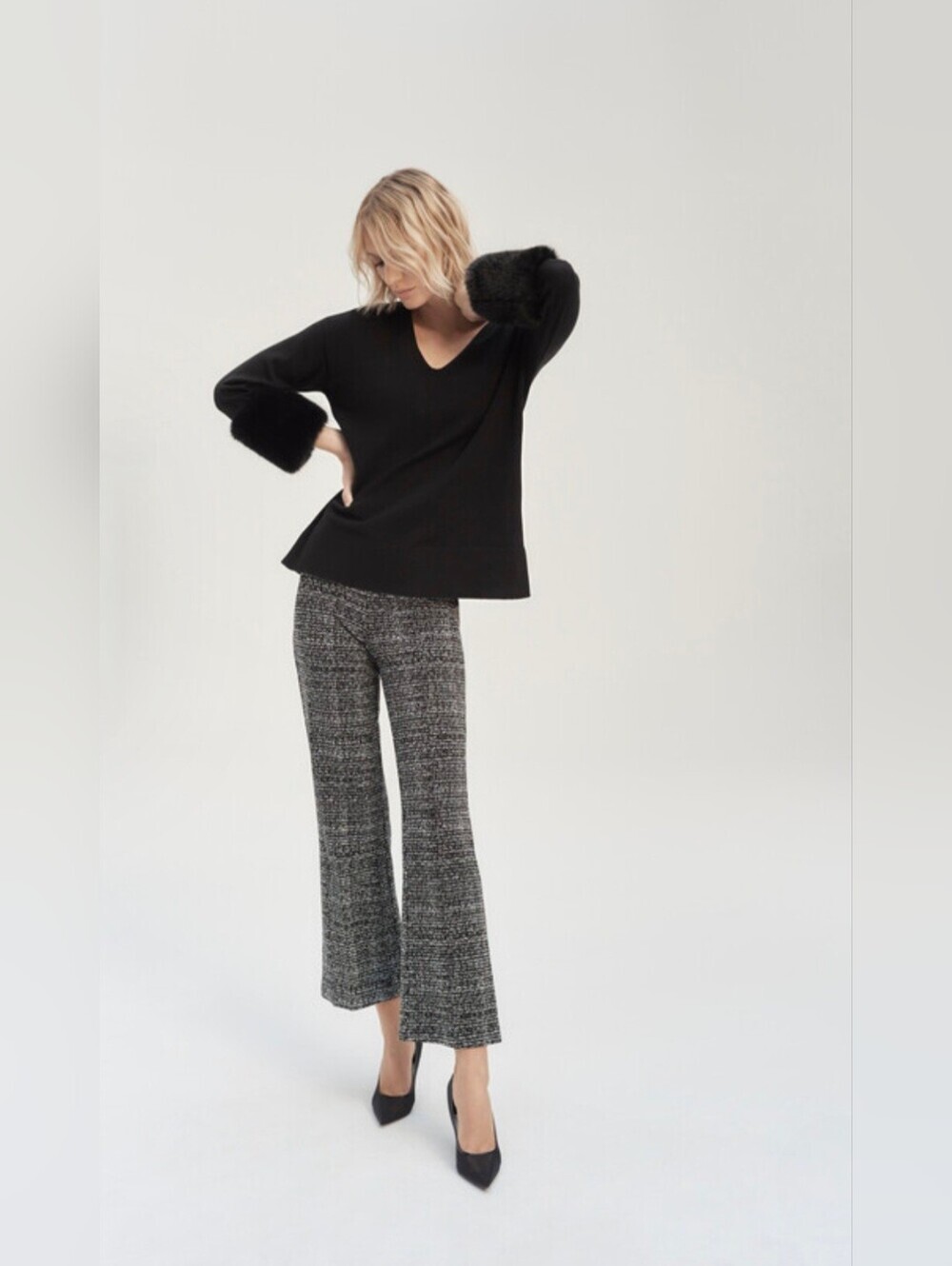 Joseph Ribkoff Tweed Knit Pants 8 Dark Academia Coquette Crop Wide Leg Trousers - Picture 16 of 16